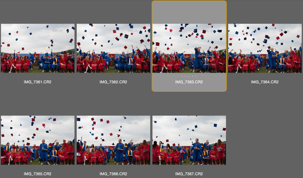 A sequence of shots from the cap-throwing photo. Taking 7 photos increased the odds I'd get a usable one.